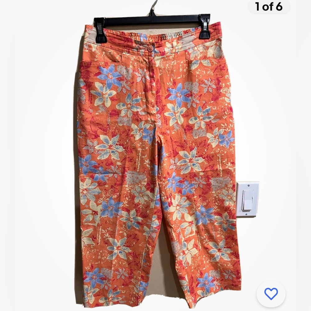 SAG Harbor Sport Women 10P High Rise Capri Pants Orange Floral Stretch Pockets